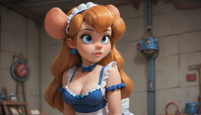 (((((Gadget Hackwrench from Chip'n Dale))))), (sexy maid outfit:2), blue overalls, flight goggles, gigantic erect hard nipples, rescue rangers workshop in the background, <lora:Samaritan 3d Cartoon SDXL:.3>, <lora:Animated_Concept:.8>