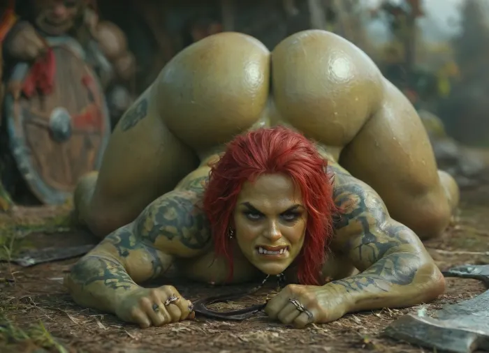 female warrior orc, naked, ((((very green skin))), very muscular, huge natural breasts, very long red hairs, in a battle field, huge axe in her hand, pierced nipples, fangs out, orc fangs, sexy orc face, bigs golden nipples rings, a lot of piercings, pierced clitoris, a lot of orcish tattoos, naked, oily skin, big pussy, piercing, ring, Orc, Shaman, (Orc girl:1.3), (orc face:1.3), (green skin:1.6), axe, and, shield), <lora:MJ52:.8>, <lora:add-detail-xl:.8>, <lora:bombshell_v2:.8>, <lora:Holly Halston_SDXL_v1:.4>, ((Viewer Holding Leash)), ((disgusted face:1.3)), (upset face:1.3), ((tattoos)), (Oiled body:1.2), ((Ass up)), ((1 woman))