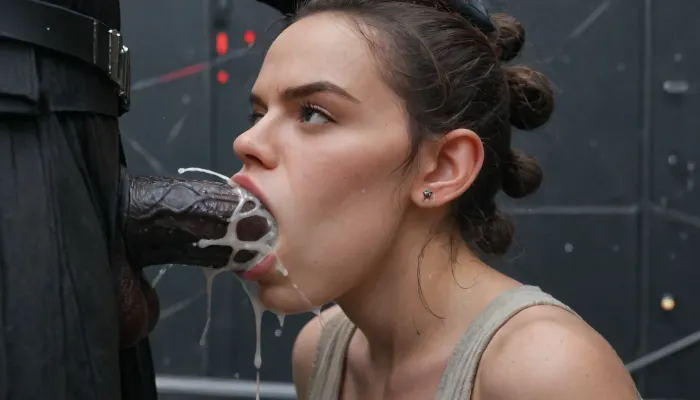 (Rey from Star Wars), (angry mad), (Darth Vader dick), (Darth Vader super white skin), (huge veiny wet dick), (((extreme painful creamy deepthroat))), ((cum)), (Star Wars starship background), <lora:Rey:.8>