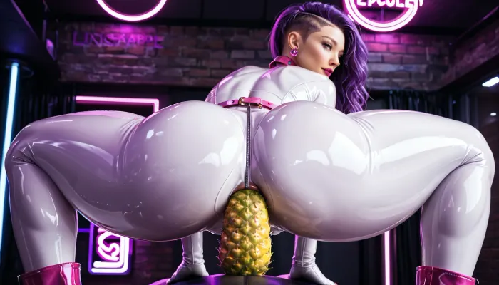 girl in a dark neon night club, extra bright purple neon lights, beautiful fit Vietnamese, supermodel face, detailed face, pink bow tie, (((long purple hair))), White latex high cut bodysuit, (((tight fitting latex high cut bodysuit))), ((see-through:1.3)), (((huge breasts:.8))), (((very thick thighs 1.0))), biting lip, lipstick, pink high boots, pink leather waist belt, (((semi rear view))), wide open mouth, anal, ((Anal riding pineapple:1.6)), stretching anus, lightly swollen anus, looking back, tied up, arm and leg restraints, slave collar, slimy anus, highly detailed skin, highly detailed face, highly detailed fabrics