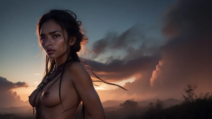 A time-lapse sequence with vibrant colors and rapid movements, A shaman from an Amazonian ethnic group performs an ayahuasca ritual in a small ethnic village in the heart of the Amazon rainforest. Her spirit leaves her body in the form of an animal. holding, complicated, She has a pretty hypnotic faded face, elaborate hairstyle, small breasts, detailed crystal eyes, light glowing irises, heartshaped lips, lip gloss, aroused skin, dramatic sunset, long shadows, fog, hypnotic atmosphere, detailed photo, photorealistic photo, realistic pretty women photo, night vision, soft fokus, parallax, overexposure, #©KITTYART



































#©KITTYART