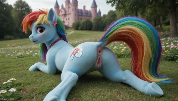 (Masterpiece), Pony creature from My Little Pony, teasing her pussy and anus, spreading anus by viewer hand, shes looking back, blue fur pony creature with rainbow hair, (surprised facial expression), fantasy shiny pink castle outdoor with fantasy flower grass background
