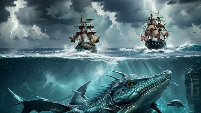 Seascape, ship on the high seas, storm, high waves, colored ink Mikhail Garmash, Louis Jover, Victor Cheleg, Damien Hirst, Ivan Aizovsky, Claude Joseph Vernet, broken glass effect, no background, amazing, something that doesn’t even exist, a terrible sea monster swims up to the ship, a strong storm, huge frothy waves, thunderclouds covered the entire sky, lightning flashes on the horizon, energy, molecular, textures, shimmering and luminescent colors, breathtaking beauty, pure perfection, divine presence, unforgettable, impressive, three-dimensional light, auras, rays, vibrant colors, Broken Glass effect, stunning, something that even doesn't exist, mythical being, iridescent and luminescent scales, Volumetric light, vivid colors reflects, sea, monster, undersea, boat, <lora:SeaMonster-v1.0:.5>