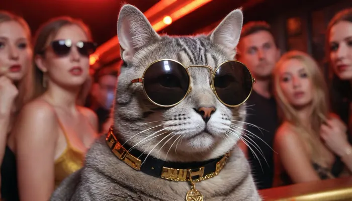 Beautiful grey tabby cat wearing black sunglasses, a big chunky golden collar, smoking drugs, thug life, sat in a booth in a nightclub, surrounded by beautiful female fans partying with him