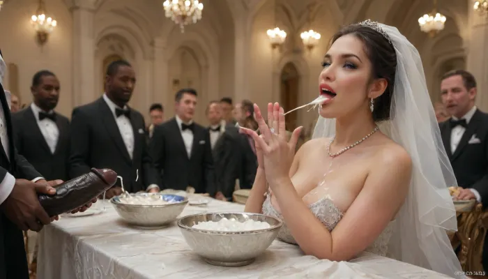 (((interracial))), (((3black skin brute, giant thick black penises))), Persian bide, super busty bride, nice cleavage, sexy wedding dress, (((cumshot on cleavage))), a erotic and dark high-fashion wedding scene of a bride and groom sitting at an elegant head table during their reception, both wearing luxurious and highly detailed wedding dress, black hair, Iranian woman, curvy, — the bride in a glamorous lace gown with pearl embellishments, the groom in a sleek black suit with velvet details. They are smiling sensually while, cuckold whit groom, (((Bride and groom eating thick, glossy white cum with hands from elegant crystal bowls:1.4))), . The table is decorated with white roses, and giant black dick, and glassware. The cum glistens under soft ambient lighting, dripping slightly. Artistic, provocative, and cinematic style., on, knees, kn33s, ral-18thlxry, romantic_couple_poses, <lora:Knees_Spread_SDXL:.8>, <lora:MJ52:.8>, <lora:18th century:.8>, <lora:1365620_training_data:.8>, <lora:dAIversityUnderstandingXLRealistic:1.5>