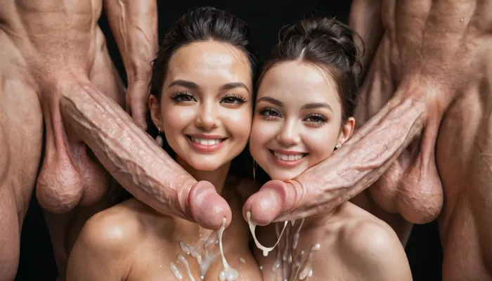 1woman, 2men, very cute tall milf, nude, happy, formal elegant haircut, very big eyes almond shaped, dark shiny eyes slightly rolling, very long fake eyelashes, dark eyeliners, earrings creoles, she is happy smiling, (smile like she is dreaming slanting her head, flirting), skin imperfrctions, very realistic skin texture, wide_set large conical breasts, large swollen areola, conical swolen puffy nipples, sweating, (((two penises, white muscular huge natural cock and testicles touching her cheeks, hair, nose, neck and forehead), hand at cock and testicles, cum on tits, cum on cleavage)), very detailed realistic highest resolution, view from side, (((view from distance))), in hostile, black background, black room.