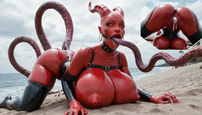 1 woman alien bimbo, 1 futanari bimbo, skinny, (red tall woman:1.3), (red full body latex suit:1.5), (latex is iridescent:1.5), (Breasts covered in latex except nipples:1.5), (Black latex stockings:1.5), (black latex corset:1.5), (black latex bra:1.5), very slutty face, Giant nipples, very surprised, beach, (face down elevated in the air:1.5), close-up, ultrarealism, masterpiece, alien tongue, vaginal sex, nipple creampie, ((massive breasts:1.3)), (horns, red eyes), (alien woman:1.3), makeup, narrow waist, glowing eyes, look at viewer, earrings, ring gag, gagged, drooling, (huge puffy lips), excited look, (glossy red lipstick:1.2), high detailed face, thin, big breasts, wide hips, red glowing, blood, man lying, ((hands grab boobs)), (Large Tentacles fuck her mouth:1.5), (large tentacles fuck pussy:1.5), rear view, rear focus, focus rear, Cinematic light, best quality, mega detailed, mega quality, high detailed, harness, garter, straps, cupless, bra, bmbplora, tentacles, Latex, <lora:Harness_Straps_sdxl:.8>, <lora:bimboxl_02:.8>, <lora:MS_Real_XL_Tentacles:.8>, <lora:LatexXLv11:.8>