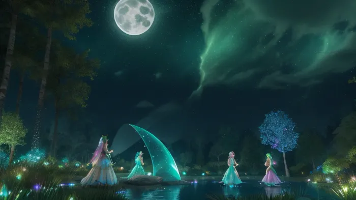 2girls, lesbian, large green strap on, huge cyan dildo, Detailed background, night, very bright moonlight, outside, forest, glowing green grass to water, pond, magic pond, green and cyan glows from glitter in the air, bright glowing tiny points of light in air, green sparkles in the air, glowing creatures, colourful wild life, floating glitter speckles, glow flys, cyan sparkles in the air, many moons in sky, volumetric lighting, vivid colours, green and cyan glows in atmosphere