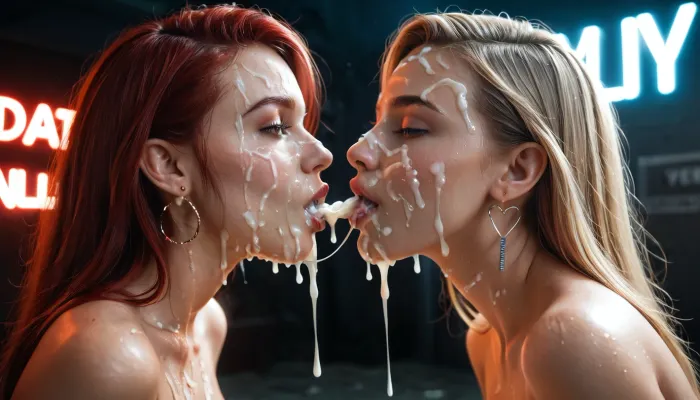 2girls, German, ultra-detailed, highres, 8k, realistic style, naked, massively covered in cum, heavy cum on faces, full body covered in cum after bukkake with 50 men, in a sleazy techno club, neon lights, grimy club atmosphere, first girl, 27-year-old, blonde hair, ultra-realistic blonde hair, perfect silicone breasts, mouth full of cum, second girl, 25-year-old, red hair, ultra-realistic red hair, pretty natural breasts, both passionately kissing, sharing cum during kiss, pulling sticky cum strings, dripping cum, cinematic lighting, wet and glossy skin