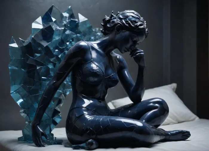 dark blue glass statue, woman, dark blue glass texture, sleeping on bed, ((in lingerie)), the thinker, hand under chin, elbow on knee, soft lighting, masterpiece, extreme detail, HD, statue, sculpture, indoor, low contrast, in the style of MarbleStatueXL, Made_of_pieces_broken_glass, glass, shards, broken, pieces, of, <lora:Made_of_pieces_broken_glass_v2-000005:.8>