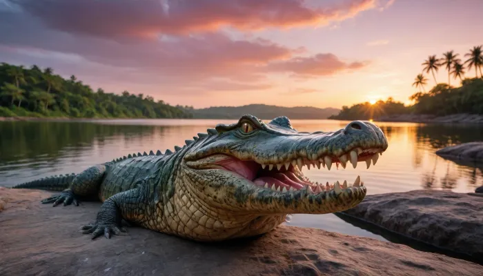 very realistic, best quality, full color picture, 8K quality, sunrise, dense tropical, lake, bright juicy colors, big crocodile on a rock