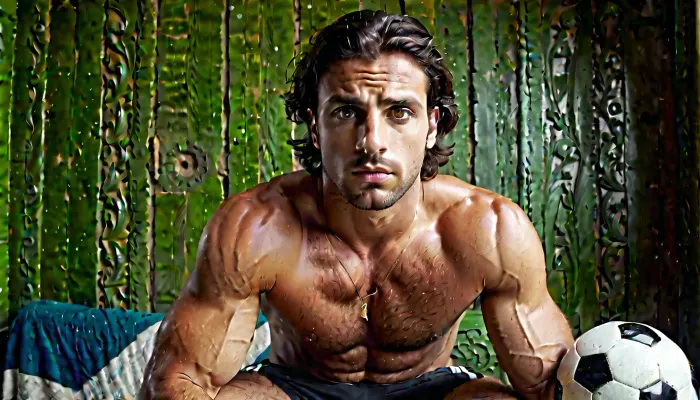 28 year old Greek man, very green eyes, dark brown hair, light complexion, athletic body, large hands, very thick thighs like a soccer player, 8 inch uncut cock