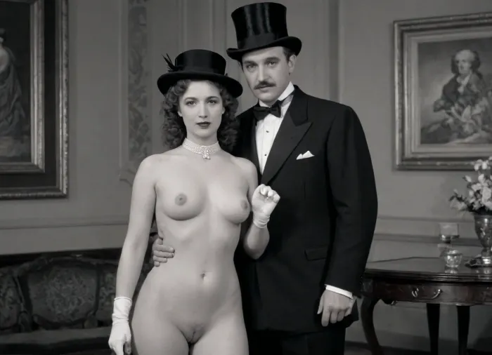 A vintage black and white portrait featuring, (a man in a formal suit and top hat:1.5), (standing with a cane:1.3), . A beautiful curvy woman is sitting on a chair next to him, (a woman full nude:1.5), shaved pussy, plump slightly saggy breasts, adorned with floral accessories in her hair, leans against the table. The table holds a few flowers, and the overall atmosphere is one of elegance and nostalgia, resembling a scene from the early 20th century. The background is softly blurred, enhancing the focus on the couple's poses and attire.