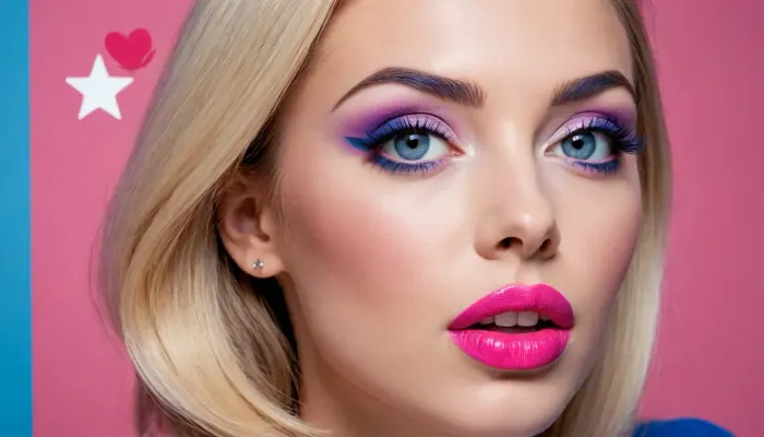 The image is a popart illustration of a adult beautiful woman. She has a fair complexion and her hair is styled in a sleek, straight look. Her eyes are a deep blue color and her eyebrows are a lighter shade of blue. She is wearing a pair of pink lipstick and her lips are painted a soft pink. text, playful font, icons, star, heart, barcode, The overall color scheme is bright and vibrant, with shades of pink, purple, and blue. long shadows, dreamy mood, distorted perspective, worm´s-eye view, #©KITTYART