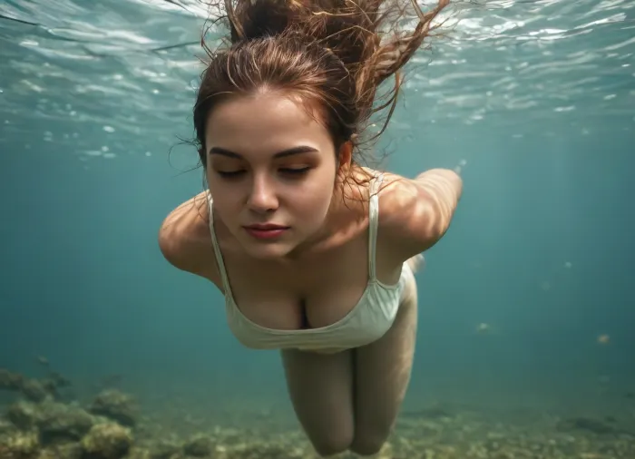 Beautiful 30 year old Indonesian woman. Well-built body, round and slightly plump face. Black fine hair with pink eyeshadow. Pink glossy lip tint. lies dead on the bottom, eyes closed, thin lips closed, Realistic style, even lighting Diving, showing cleavage from above, Underwater, Ocean, <lora:drkmdatmsfXL:1.2>, Diving underwater. Diving underwater, full body view, in a sexy white tank top with a deep neckline

Body tangled and tied up, light BDSM vibrations, <lora:MIAOKA_shutengyi_xl_v1.0:.4>, grabbing my tits, grabbing tits

Hands tied up, <lora:Leafy_World:.8>