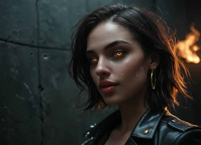 She enters the club like a storm barely held in check — all leather, attitude, and fire. There’s a wildness in her that beauty can’t contain, but it only makes her more captivating. Her hair is a chaotic cascade of jet-black or crimson streaked strands, tumbling around a face that’s equal parts angelic and anarchic — sharp cheekbones, full lips, and eyes that blaze like molten steel.

Her skin, pale and flawless, glows faintly under the neon lights, but it carries the subtle wear of one who’s lived a thousand lives in a hundred nights. A thin scar near her jaw — a memory from another era — only enhances her dangerous charm. She doesn’t hide her strength. It radiates from every movement, coiled like a spring under her skin. Every glance she throws feels like a dare.

Clad in worn combat boots, dark jeans ripped at the knees, and a cropped leather jacket bearing faded anarch symbols, she’s the embodiment of rebellion. Her body language is confident, sharp, and unapologetic. She walks like she owns the ground — or is about to burn it down if she doesn’t.

Her voice is rough velvet — low, electric, and full of bite. When she speaks, it’s with the conviction of a philosopher and the fury of a fighter. Her words are poetry edged with violence, quoting Plato one minute and threatening to throw someone through a wall the next. You get the sense she could dismantle society with a smirk — or save it, if she ever gave a damn.

She is a Brujah through and through, firebrand, revolutionary, warrior-poet. Beauty clings to her like sweat after a riot — raw, fierce, and unforgettable. She’s not the dream you chase — she’s the nightmare you can’t forget, the spark before the Molotov, the kiss before the riot.

realistic detailed face, realistic detailed hair, realistic detailed body, realistic detailed skin, realistic detailed breasts, realistic detailed pussy, random view angle, random pose, detailxl, <lora:add-detail-xl:1.5>, <lora:style_lora_realis:.5>, <lora:dark:1>