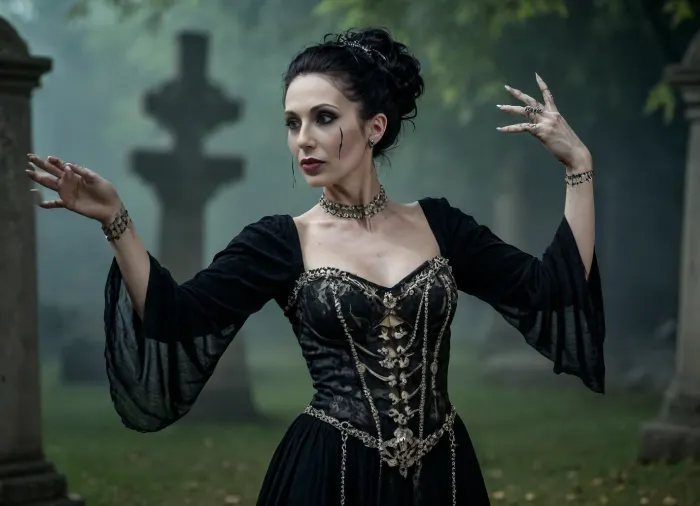 A queen of the undead dancing with a skeleton, with deathly pale skin and long black hair styled in an elaborate updo, adorned with silver chains and bones. She is dressed in a long, tattered gown of dark velvet, exposing her shoulders and part of her chest, with embroidered spiders and skulls. On her fingers are rings of bones, and on her face are scars that tell of her past. She dances in the deathly green moonlight in a graveyard, (((dancing))), <lora:Dancing_girl-000008:.8>