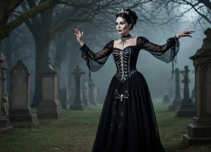 A queen of the undead dancing with a skeleton, with deathly pale skin and long black hair styled in an elaborate updo, adorned with silver chains and bones. She is dressed in a micro gothic dress in black with white wheels, transparent tights, with embroidered spiders and skulls. On her fingers are rings of bones, and on her face are scars that tell of her past. She dances in the deathly green moonlight in a graveyard, (((dancing))), <lora:Dancing_girl-000008:.8>