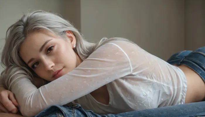 A beautiful, slim 34-year-old woman, 160cm tall, 50kg, silver hair, brown eyes, peaceful face, wearing a white blouse and jeans, lying on her stomach. Her face is in the foreground, head slightly turned to the camera, body extending into the background. A man behind her gently giving her a back massage. Ultra-realistic lighting, cinematic detail, 8K masterpiece, soft natural shadows, serene atmosphere