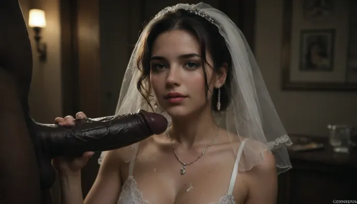 interracial, very large black penis, The happy chubby Persian bride in sexy wedding dress, cum driping bride's chain' cum driping from black penis, drinking sperm from transparent cup, there is glossy and sticky sperm in cup, cup full of sperm, cum swallowing, ((gokkun)), cum dripping from the corners of her lips, ((text on The cup, "BBC Cum")), logo, text, sign, that, says, the, word, <lora:671410_training_data:.8>, <lora:dark:.5>, <lora:texta:1>, <lora:677862_training_data:.8>