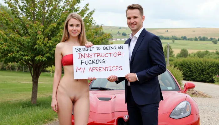A petite young woman, (((wearing a short skirt and a short strapless crop top))), nonnude, blonde hair.
Next to her stands a man in a suit, holding a handwritten sign with text "BENEFIT OF BEING AN INNSTRUCTOR, FUCKING MY APPRENTICES". They stand in front of his sportscar in a nice landsape.