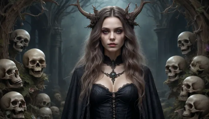 A detailed, pastel colored Gothic-style drawing. It depicts a coquettish witch with long, wavy hair, wearing a tattered cloak. topless. Her face is painted grotesque. Surrounding her are skulls, bats, and twisting, thorny vines, creating a macabre, eerie atmosphere. The background is densely filled with intricate, organic patterns. Dark, mystical atmosphere. #©KITTYART

























#©KITTYART