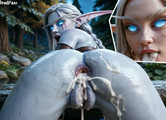 In a forest, (close up anus:1.5), nightelf from warcraft, freckles, (night elf aesthetic:1.5), (pale blue skin:1.7), leather armor, slim body, (glowing eyes:1.6), blue eyes, (deadpan:1.6), leaning forward, very long elegant braided hair, ((big natural breasts)), very sweaty, excessive cum, cum on breasts, cum in mouth, cum on tongue, extreme cum play, cum on thigh, cum on hair, cum on face, cum dump, cum in ass, cum in pussy, cum dripping, (excessive cum:1.1), (swollen labia majora:1.1), (double anal penetration:1.6), (swollen vulva:1.6), (huge anal creampie), (visible anus), (swollen anus:1.3), (puffy anus:1.3), woman, cum, on, face, <lora:add-detail-xl:.8>, <lora:sunnyrayyxo_v1_SDXLBase:.6>, <lora:JustCum:.8>