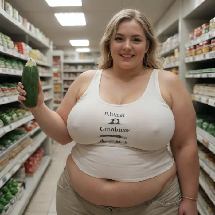 ((showing one huge thick cucumber)), old obese ssbbw fat woman, more than 600lbs, blonde, (semi clothed:1.6), tight tank top, everyday life scene, in supermarket, super happy and proud to be a hyper fat woman, full gigantic flabby body, hyper huge fat woman