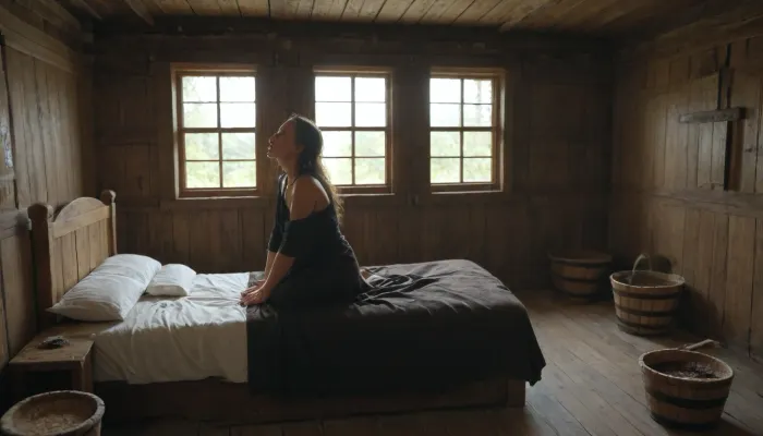 A wooden bed in a simple peasant hut. An old bald orc with green skin and a long gray beard lies on the bed. A Dunmer girl in a long black robe and hood kneels beside him, her back to the viewer, head bowed in sorrow. The hut contains clay pots, woven baskets, and a crackling hearth. Dim lighting, a mood of grief and coziness, medieval fantasy style. Highly detailed textures, rough wood, coarse fabric, smoke from the fire. Soft lighting from the flames and window, shadows dancing on the wall