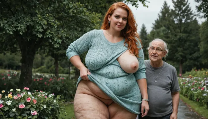 old man with a small cock gropes a Super fat, obese, cellulite ssbbw milf in her wobbly, sagging belly, big fat ass, chubby round double chin face, extremely wide hips. Natural ginger hair, long hairstyle. in oversized sweater-dress, (one breast out), . old man fucks a fat ssbbw by tree, around flowers. After rain. Seductive, Old, Man, <lora:OldMan:.8>