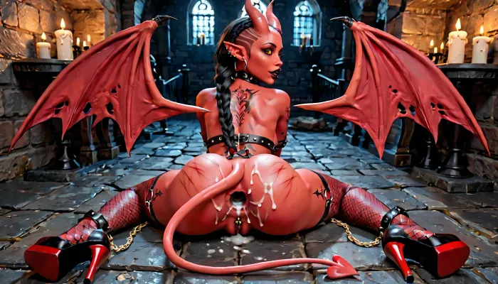 Best quality, masterpiece, UHD, 4K, dungeon background, chains on the walls, torture room, candles, cultic interior, one female succubus, black succubus tail, hourglass body, black demonic wings, showing ass, (whip marks on ass:1.1), wearing fishnets stockings, (demonic armored heels:1.2), (demonic black breast armor:1.2), no panties, (gaping asshole:1.2), cum on asshole, chain inside asshole, feminine face, long black braided hair, (face and body piercing:1.2), (pussylips piercing:1.3), (demonic tattoos on whole body:1.2), (red skin tone:1.2), beautiful face, demon look, red eyes, big teardrop shaped tits, big round ass, perfect shaped buttcheeks, wide hips, hipdips, 4ng3l, face, longnv, 1girl, dragon, <lora:SDXL_BetterFaces-LoRA_v1:.8>