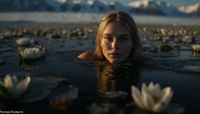a beautiful, slender blonde woman swimming in the cold Arctic Ocean, perfect face, swimming through a sea of ​​water lilies covered in crystal-clear ice., (​​highly detailed water lilies covered in ice:1.5), The icy surroundings are full of polar colors. Icebergs and ice floes give the image a breathtaking natural setting, afternoon, backlight, Warm sunbeams mix with the cold blue and Turkish of the Arctic Ocean, ais-icebaby, made, of, Ice, Lagoon, sunlight_str1, vibrant, dream, pale, reality, <lora:302089_training_data:1.2>, <lora:Ice Lagoon:1.3>, <lora:sunlight_str1-SDXL_v1-dim64-steps1691:1>, <lora:vibrant_dream:.5>, <lora:MJ52:.3>
