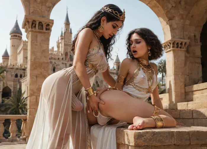 Femboys, Females only, Arabian Queen, Horny Princessis having orgasm, Shaking orgasm, Cumshot, (Fingering ass:1.2), (Penis bulge:1.5), Large nipple rings, (See-through clothing:1.3), Royal clothing, Jewelery, Castle, Outdoors