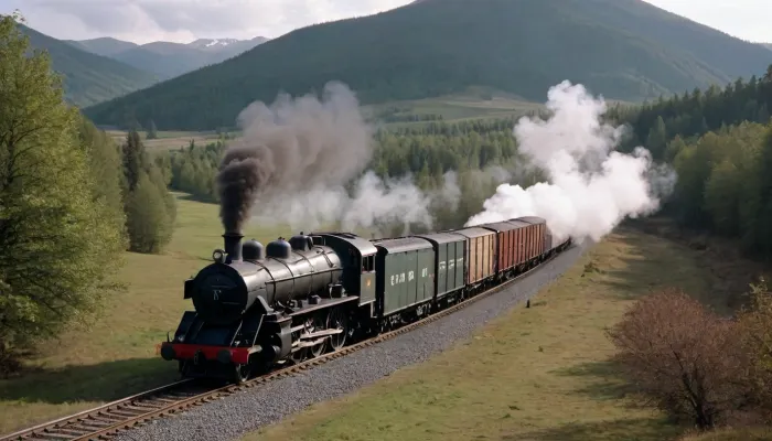 An old freight train with a steam locomotive pulls a large number of wagons with cargo along a winding path passing through a plain with sparse trees and a small lake at the foot of a mountain pass, smoke comes out of the chimney of the locomotive, and white steam escapes from under the large wheels.