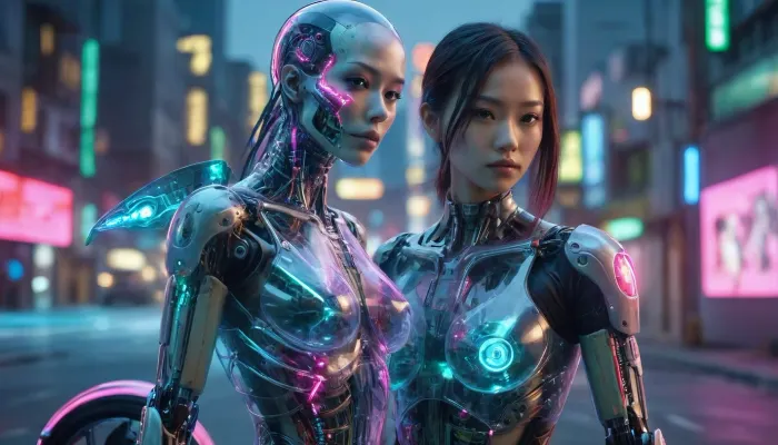 zoomed out full body portrait, ((Asian cyborg girl with partial transparent skull with visible wires and red plasma inside her skull:1)), robotic skeleton with pink lights and green lights and blue lights, riding plasma powered motorcycle on cyberpunk street, <lora:PAseer-SDXL-Transparent Robot:.5>