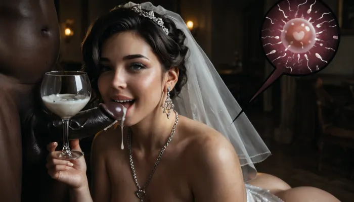 interracial, very large black penis, The happy chubby Persian bride in sexy wedding dress, cum driping bride's chain' cum driping from black penis, drinking sperm from transparent cup, there is glossy and sticky sperm in cup, cup full of sperm, cum swallowing, ((gokkun)), cum dripping from the corners of her lips, ((text on The cup, "BBC Cum")), logo, text, sign, that, says, the, word, <lora:671410_training_data:.8>, <lora:dark:.5>, <lora:texta:1>, <lora:677862_training_data:.8>