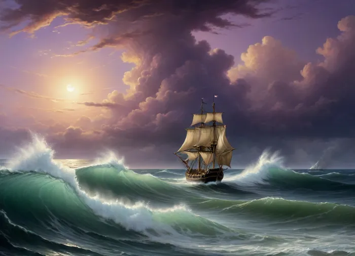 The painting is in the style of the Russian artist Ivan Konstantinovich Aivazovsky.The painting depicts a night storm at sea, in which a sailing ship got caught.

Huge waves surging over the raging sea occupy most of the picture. A small boat is struggling to withstand the powerful onslaught of the waves.

Clouds are rushing across the sky. The moon is visible between them, the cold and indifferent light of which illuminates the raging sea element, [1], .

While working on the painting, Aivazovsky used a unique combination of bright golden colors with dark, lilac-purple shades, which further emphasized the extraordinary beauty of the formidable and terrible elements. The stream of moonlight picks out huge ferocious waves from the darkness, throwing a thin web of golden light over them. It seems to the viewer that the full, bright moon broke through the veil of thick clouds in order to illuminate the terrible and beautiful game of the stormy sea.

The sailboat seems alien in the midst of the frenzied dancing of the waves. It seems that he uninvited intrudes into the pristine beauty of the raging sea and sky. The boat is unsuccessfully trying to escape from this beautiful trap, which seeks to crush and destroy, painted in the so-called oriental taste.