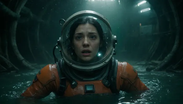 A hyperrealistic, cinematic depiction of a damaged deep-sea research station's flooded interior. The scene is awash in a cold, bluish-green light filtering through cracked portholes, illuminating swirling sediment and debris. A young, 30-year-old woman of East Asian descent, with shoulder-length black hair plastered to her face, is seen scrambling towards a bright orange escape pod, partially submerged in the rising water. Her face is etched with terror, her eyes wide with fear, her mouth slightly agape. She wears a ripped, waterlogged, white deep-sea diving suit, showing exposed skin and highlighting the desperate urgency of her situation. Her body is angled sharply, pushing forward with desperate determination. The perspective is a low-angle shot, emphasizing the claustrophobic environment and the overwhelming power of the water. The escape pod itself is partially visible, its metallic surface reflecting the dim emergency lighting. Background details include broken machinery, tangled cables, and other remnants of the destroyed station, enhancing the feeling of chaos and impending doom. The overall mood is one of intense suspense and dread, reminiscent of a science fiction survival thriller, achieved through a masterful interplay of light and shadow, creating a strong sense of depth and spatial drama. The style is photorealistic, with elements of cinematic lighting and composition. The texture of the water is highly detailed, showcasing the movement and flow of the currents., scared, expression, absolutely, terrifying, <lora:Underwater_movie_lora-000009:.5>, <lora:absolutely_terrified:.2>