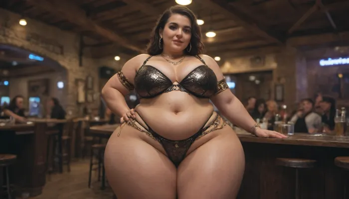 Fat woman, massive ass, thick woman, (the woman is wearing rave clothes:1.4), hyper hips, thick hips, thick thighs, overweight woman, thicc woman, in a tavern full of adventurers, the woman is thick and fat and chubby and chunky and thicc, a huge thicc fat woman