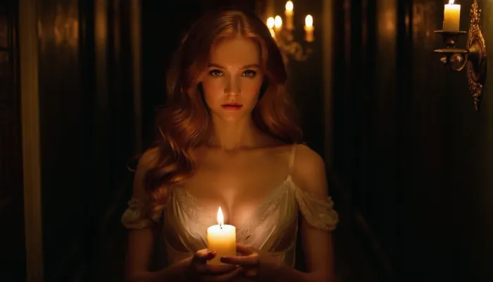 stunning beautiful gorgeous young victorian woman, 18 years old, long ginger hair, wearing a semi- transparent sexy nightgown, deep cleavage, in the, (((dark hallway))), of the mansion, (((she has the only candel in her hand))), that lights her way, there are no other candels, Beautiful detailed face, (perfect eyes:1.1), (perfect skin:1.1), (perfect big breasts:1.1), (perfect body:1.1), (perfect hands:1.1), (perfect finger:1.1), (perfect fingernails:1.1), Photorealistic, RAW, analog, best quality, 8k, HD, DSLR, Fujifilm XT3, film grain, award winning, green, eyes, blue, brown, perfecteyes, <lora:PerfectEyesXL:.8>, <lora:289505_training_data:.8>