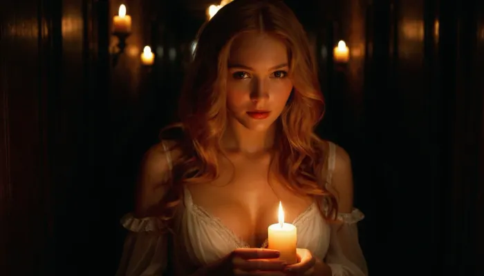 stunning beautiful gorgeous sexy young victorian woman, 18 years old, long strawberry blond hair, wearing a semi- transparent sexy nightgown, deep cleavage, in the, (((dark hallway))), of the mansion, (((she has the only candle in her hand))), that lights her way, Beautiful detailed face, (perfect eyes:1.1), (perfect skin:1.1), (perfect big breasts:1.1), (perfect body:1.1), (perfect hands:1.1), (perfect finger:1.1), (perfect fingernails:1.1), Photorealistic, RAW, analog, best quality, 8k, HD, DSLR, Fujifilm XT3, film grain, award winning, <lora:289505_training_data:.8>