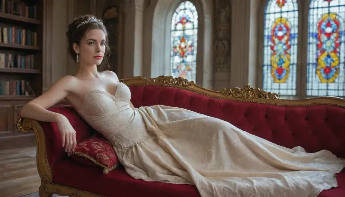 A beautiful portrait of a Victorian-era aristocratic woman lounging gracefully on a lavish red velvet sofa in an extravagant library. Dressed in an exquisite gown embellished with golden embroidery and layers of ruffled fabric, she radiates elegance and sophistication. Her sparkling tiara and fur-trimmed shawl enhance her regal presence, while the grand decor, stained glass windows, and antique furnishings contribute to the scene's timeless luxury.