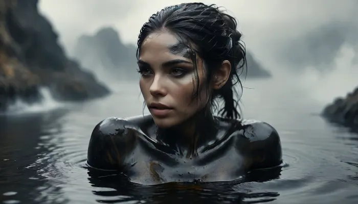 slim sexy naked woman climbs out of a thick black oil lake after oil bathing, the black oil runs viscously and slowly from her body, oiled birds and oiled plants, black oiled hair, perfect face, perfect black eyes, silent smile, perfect flat-chested body, realistic skin, dirty skinblack tattoos decorating the whole body, (black oil on skin:1.8), dirty skin, cloudy, smoke, atmospheric, clouds, underwater, blue grotto, cave, reef, Black, and, white, art, black, shading, charcoal, toned, brutal, dark, b/w, color, scheme, ral-motoroil, <lora:Cloudy_Style:.6>, <lora:Underwater_Environment_v01-000002:1.1>, <lora:Black and white art.V1:.6>, <lora:MJ52:.8>, <lora:ral-motoroil-sdxl:1.2>