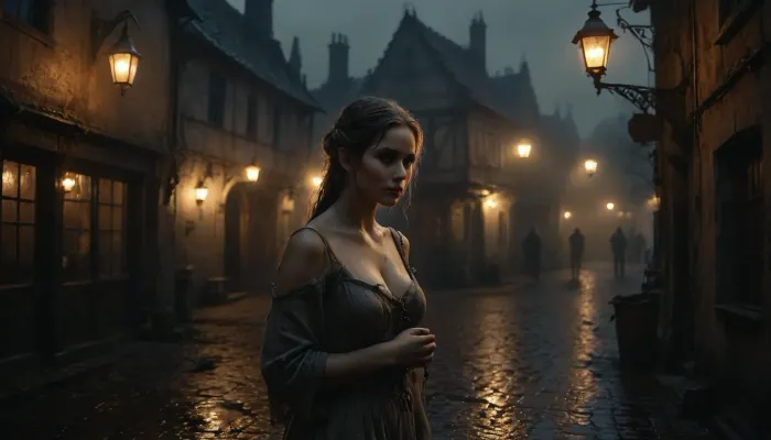 The picture has a frightening atmosphere, a small medieval town, cobblestone streets, oil lamps as street lighting, night and heavy rain, mud, 100% humidity, a dark dive from the outside, warm light coming in, a slim, pretty woman in rags showing secretly her tits in front of the pub offering her services as a prostitute, Black, and, white, art, black, shading, charcoal, toned, brutal, dark, b/w, color, scheme, elven, architecture, <lora:Black and white art.V1:1.2>, <lora:EnvyElvishArchitectureXL01:.6>, <lora:MJ52:.8>