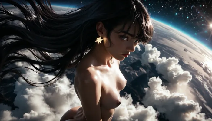 Rating_explicit, ethereal fantasy photography, (score_9, score_8_up, sharp focus, masterpiece, perfect eyes), young face, (young adult:1.5), (young:1.5), high resolution, perfect limbs, anatomically accurate, Super realistic, perfect lighting, (best shadow), 8K, UHD, clear image, (best lighting), highest quality, ultra-detailed images, Japanese, Incredibly beautiful girl naked, (bangs messy long black hair), (very long hair), realistic Japanese face, (Japanese girl Naked), cute face, (grey eyes), skinny, (white skin), (glossy skin), (((thick))), ((round ass, thick waist, big butt)), (massive ass:1.1), ((small_breasts)), flat, chested, big waist, (Shapely body), wide hips, perfect skin, perfect face, seductive pose, (her face and expression showing a mix of submission and ecstasy and exhaustion), ((half open eyes)), (lustful face), luscious sensual lips, natural beauty, eternal beauty, ((Be a god)), ((hands over her head)), perfect anatomical body, transparent dress that gently flows around her, capturing the ethereal glow of the light. The scene is set in a serene, minimalist environment, where the focus is on the interplay of light and shadow. The soft illumination creates a halo effect around, highlighting the intricate details and adding a sense of mystery and elegance to the composition, ((There are twinkling stars around the body)), ((In space)), (Standing on the clouds), ((from above)), close-up, Legacy lighting, bright 1-alpha .5>, lora, quality, SDXL_BetterFaces-LoRA_v1, .5>, <lora:lora-sdxl-perfect-eyes:.8>, <lora:reallora1:.5>, <lora:Oxygen girl_SDXL1.0:.5>, <lora:BUT_SDXL_SHS:.8>, <lora:dark:.8>