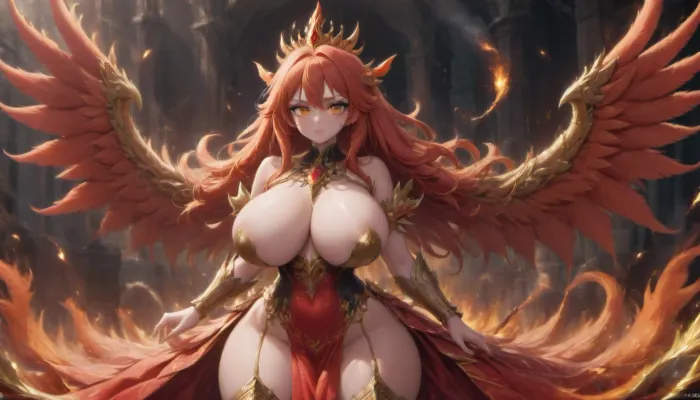 phoenix girl, beatuiful, long hair, crystall hair, big breast, with wings, brassiere, high quality