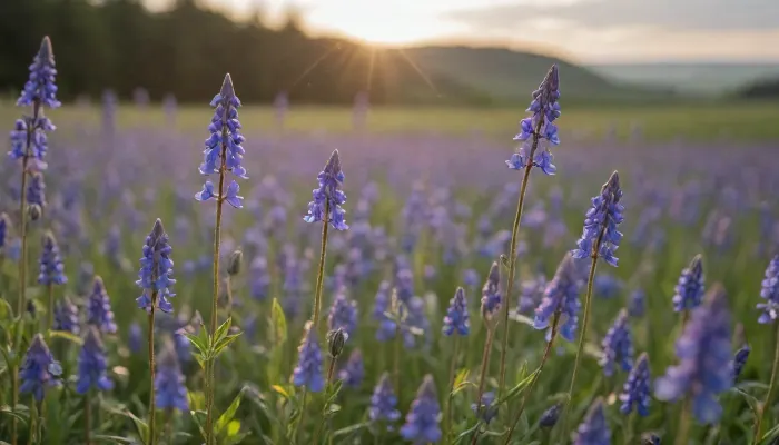 *Macro shot of a lush field covered in tiny blue wildflowers — bluebells and cornflowers, sharply detailed petals with dewdrops glistening in soft golden-hour light, vibrant colors, shallow depth of field, close-up focus on the delicate textures and intricate patterns of the flowers, gentle breeze causing slight movement, distant blurred sky with scattered clouds, hyper-realistic details, high-resolution textures, photorealistic style, 8K quality, trending on ArtStation, nature photography, fantasy landscape concept art*