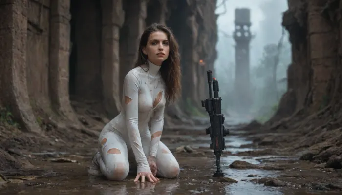 Elegant British 28 years, tanned skin, elongated face, fine nose, intense blue eyes, worried, panicked look, slim waist, rounded breast, muscular, very long messy dark hair, wet hair, soaked, alone, white latex astronaut skin-tight suit with gold trim, very torn clothes, raining, wet body, one breast exposed, scratches, fantastic jungles, bio-energy projector, alien strange landscape, alien artifacts ruins., edgFut_clothing, wearing, circuits, filmic, heavy, laser gun in hand, full body view, <lora:edgFuturisticXL:1.2>, <lora:filmicVibesXL_v1.1:1>, <lora:Future_Citys_xl-000012:1>, <lora:607315_training_data:1.4>, <lora:383440_training_data:.8>