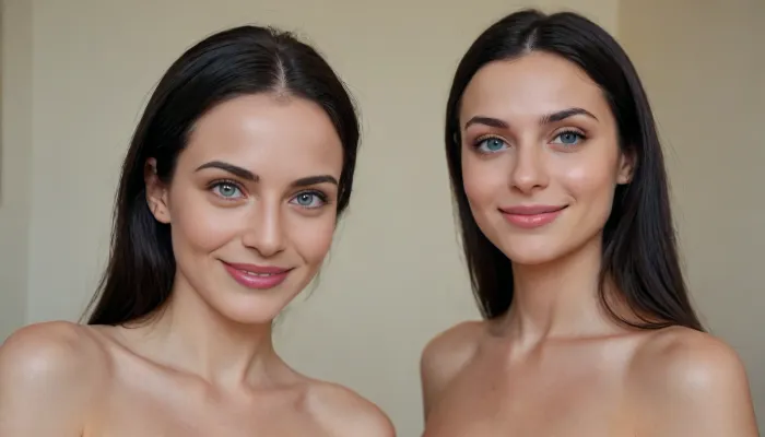 Ultra photorealistic portrait, 4k, highly detailed, Sexy beautiful mother with her young sexy beautiful daughter, perfect breasts, shaved pussy, shaved pubis, russian, naked, nude, happy, cute face, perfect face, ultra detailed face, perfect blue eyes, slender body, inheritance, long black hair on the head, perfect skin, perfectly clear skin, composition of two women, smile, show pussy, shiny body