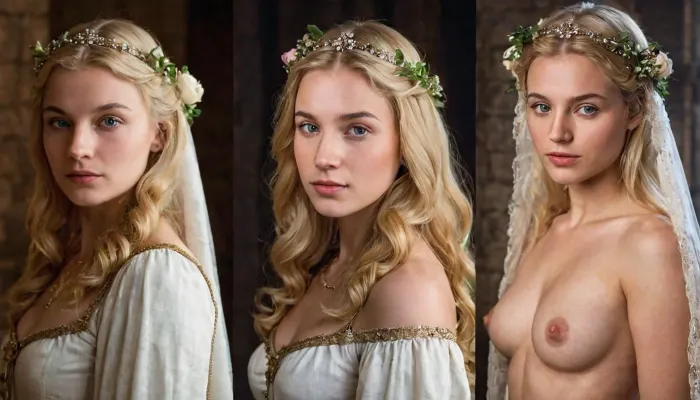 side-by-side two pictures of a young medieval courtesan, petite, blonde hair.
On the first picture on the left she stands in front of a, (tower covered in roses), wearing a simple medieval dress.
On the second picture on the right she stands in front of the same tower, but is, (naked, nude), ., onoff, <lora:OnoffXL_ExtraCrispy:.8>